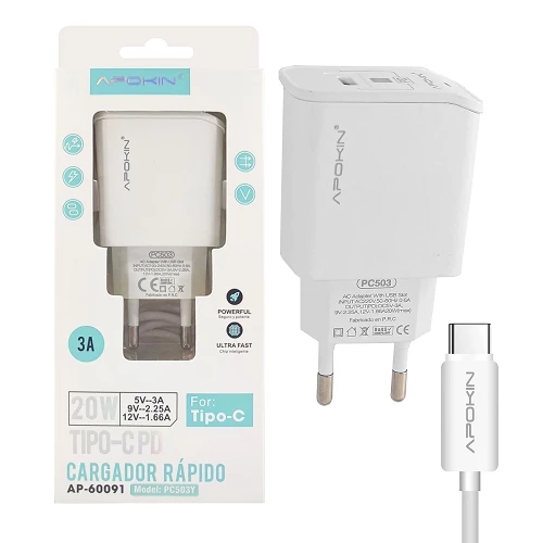 (Pack 10) APOKIN 20W 3.0A Type-C to Type-C PD Input Fast Charger - White