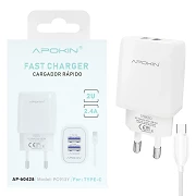 Doppio caricabatterie USB-A 2.4 A Cable tipo-C APOKIN PC913Y - bianco