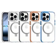 Capa Transparente Premium com Suporte de Alumínio para iPhone 15 4 Cores