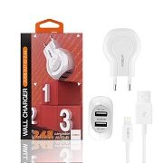 Red Moxom HC-01 Double USB Auto ID 2.4A + Lightning Cable