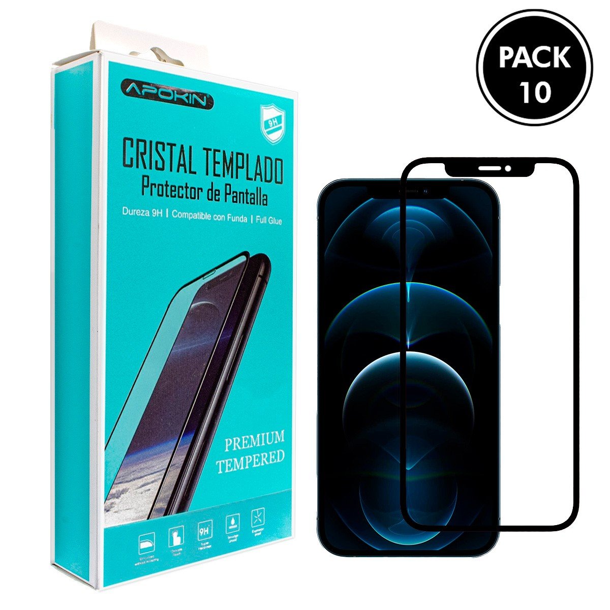 (Pack-10) Cristal templado Full Glue 9H iPhone 13 Pro Max/ 14 Max 6.7  Protector de Pantalla Curvo Negro