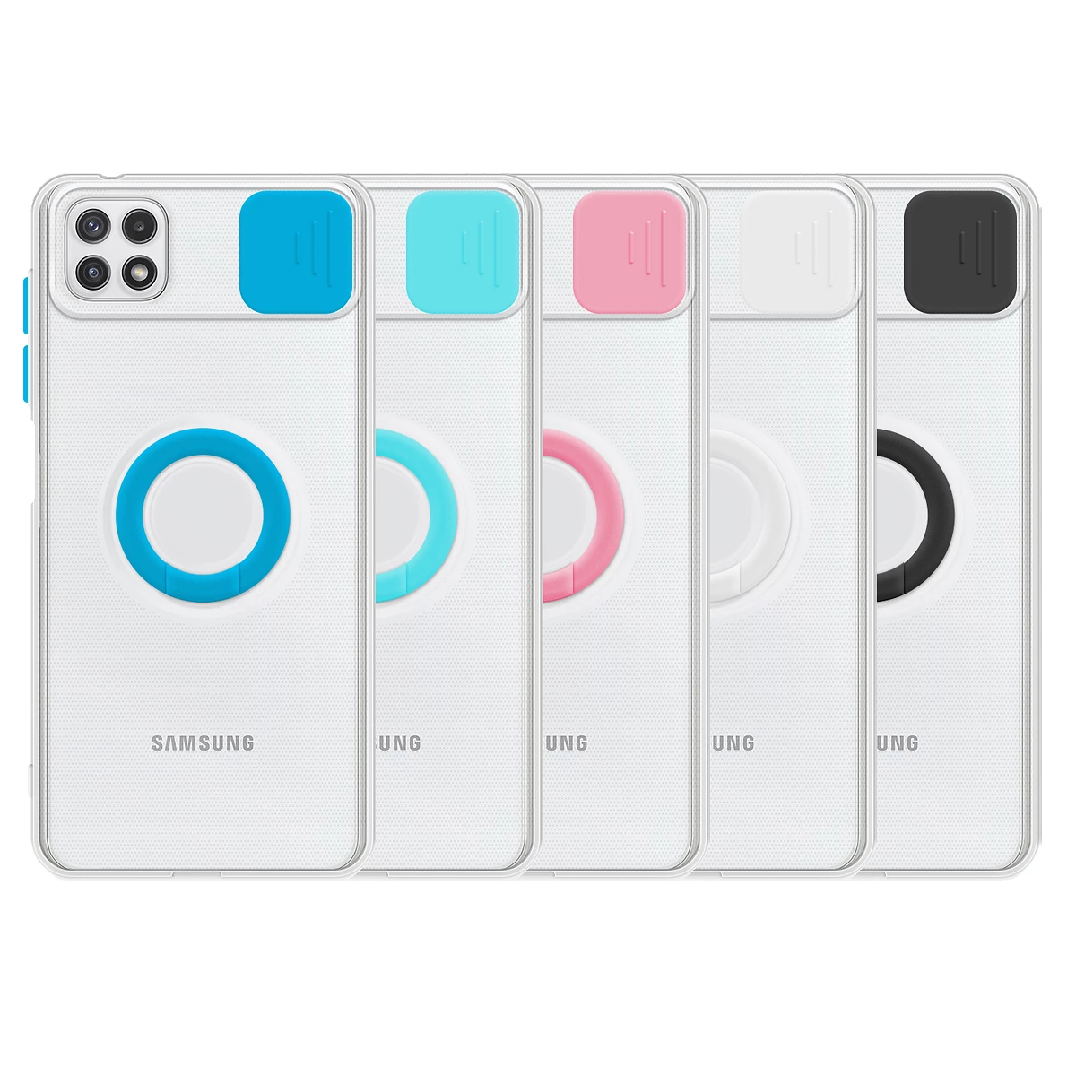 Funda Samsung Galaxy A22-5GTransparente con Anilla y Cubre Cámara 5 Colores
